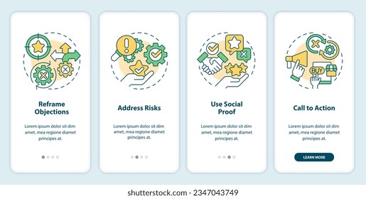 Técnicas de manejo de objeciones a bordo de la pantalla de aplicación móvil. Recorrido de negociación de ventas de 4 pasos instrucciones gráficas editables con conceptos lineales. plantilla de interfaz de usuario. Multitud de tipos de letra Pro-Bold, con uso regular