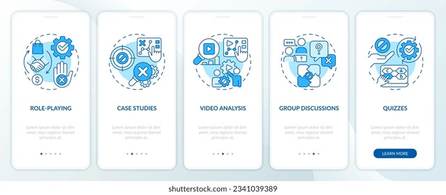 Objection handling training blue onboarding mobile app screen. Sales closing walkthrough 5 steps editable graphic instructions with linear concepts. UI template. Myriad Pro-Bold, Regular fonts used