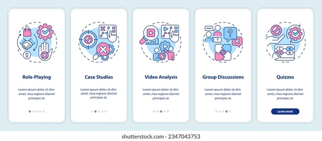Objection handling training onboarding mobile app screen. Sales coaching walkthrough 5 steps editable graphic instructions with linear concepts. UX, GUI template. Myriad Pro-Bold, Regular fonts used