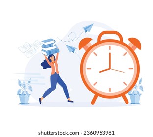 An Objective Assessment Possibilities Deadline. Close up Alarm Clock. young woman run with huge of document. flat vector modern illustration