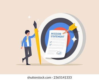 Objective concept. Writing company mission statement, strategy or value to achieve business goal, mission, vision and value, motivation or purpose, businessman with pencil writing mission statement.