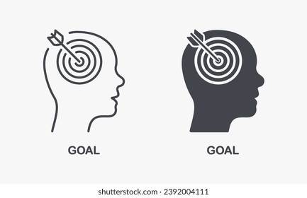 Objective Focused Person Symbol Collection. Goal, Focus, Target, Aim Silhouette and Line Icon Set. Arrow in Human Brain Pictogram. Concentration Intellectual Process. Isolated Vector Illustration.