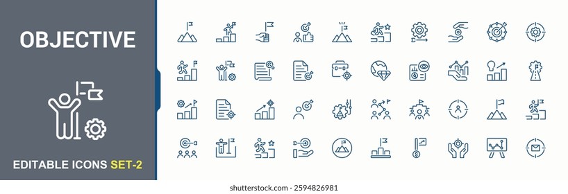 Objective icon collection. Featuring mission, information, target, climb up, metaphor, value and more. Outline icon. Minimalist vector collections.