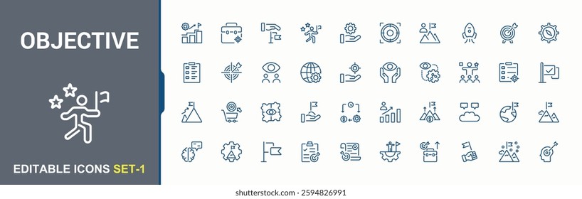 Objective icon collection. Featuring mission, information, target, climb up, metaphor, value and more. Outline icon. Minimalist vector collections.