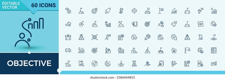 Objective icon collection. Includes thin line diamond, Mission, vision, achieve, binoculars, rocket, flag, business and more. Line symbol. Editable stroke. Vector illustration.