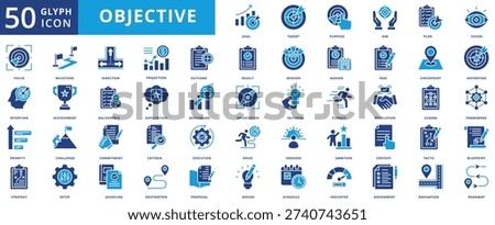 objective icon pack flat contains goal, target, purpose, aim, plan, vision, focus, intention, priority, strategy, milestone, achievement, leadership, project, forecasting, execution, horizon, idea
