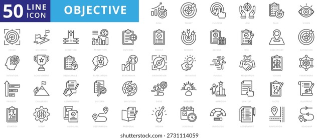 El paquete de iconos de objetivos contiene objetivo, meta, propósito, Plan, visión, enfoque, intención, prioridad, estrategia, hito, logro, liderazgo, proyecto, pronóstico, ejecución, horizonte, idea