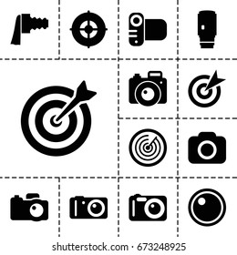 Objective icon. set of 13 filled objectiveicons such as camera, camera zoom, camera lense