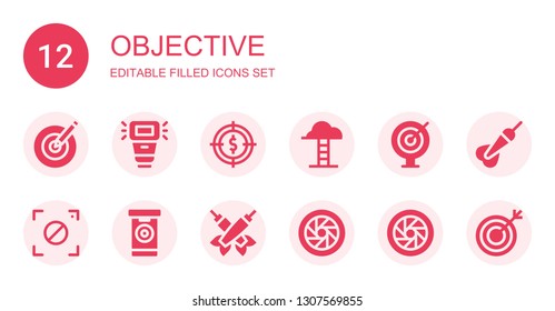 objective icon set. Collection of 12 filled objective icons included Dartboard, Camera flash, Target, Goals, Darts, Focus, Shutter, Dart