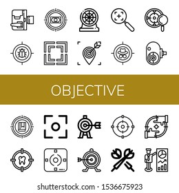 objective icon set. Collection of Home movie camera, Target, Focus, Darts, Amateur camera icons