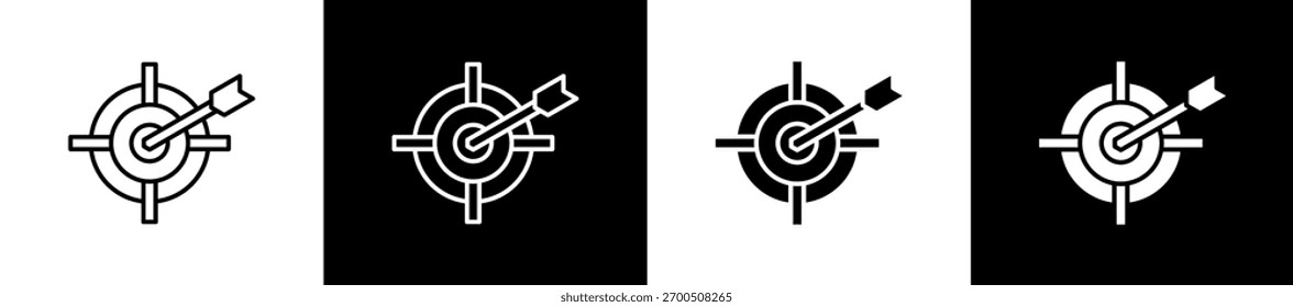 Objektivsymbol in Linien- und Glyphenformat auf schwarz-weißem Hintergrund