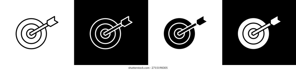 Conjunto de iconos objetivo en línea y estilo de glifo sobre fondo blanco y negro