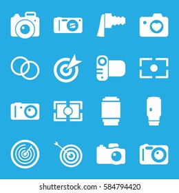 objective icons set. Set of 16 objective filled icons such as target, heart with camera
