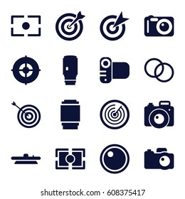 Objective icons set. set of 16 objective filled icons such as target, camera, camera lense
