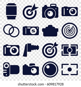 Objective icons set. set of 16 objective filled icons such as camera, camera zoom