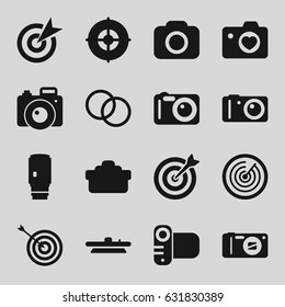 Objective icons set. set of 16 objective filled icons such as target, heart with camera, camera