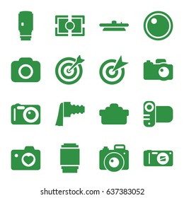 Objective icons set. set of 16 objective filled icons such as heart with camera, camera