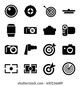 Objective icons set. set of 16 objective filled icons such as target, heart with camera