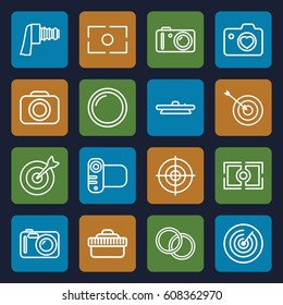 Objective icons set. set of 16 objective outline icons such as target, heart with camera