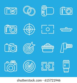 Objective icons set. set of 16 objective outline icons such as camera, zoom