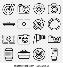 Objective icons set. set of 16 objective outline icons such as heart with camera 