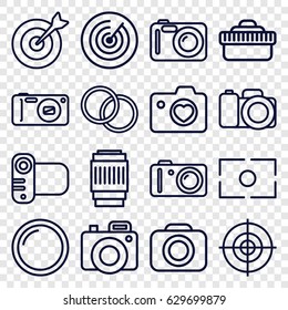 Objective icons set. set of 16 objective outline icons such as heart with camera, camera