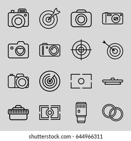 Objective icons set. set of 16 objective outline icons such as target, heart with camera