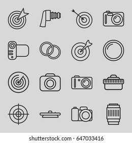 Objective icons set. set of 16 objective outline icons such as target, camera, camera zoom