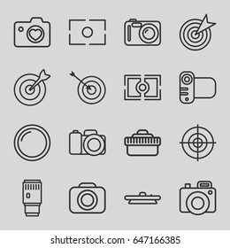 Objective icons set. set of 16 objective outline icons such as target, heart with camera