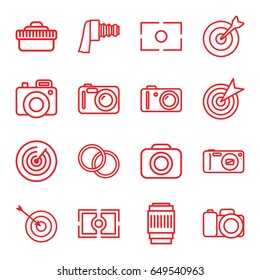 Objective icons set. set of 16 objective outline icons such as target, camera