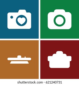 Objective icons set. set of 4 objective filled icons such as heart with camera, camera