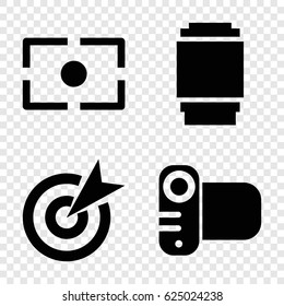 Objective icons set. set of 4 objective filled icons such as camera, camera lense, camera focus