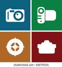 Objective icons set. set of 4 objective filled icons such as camera, camera lense