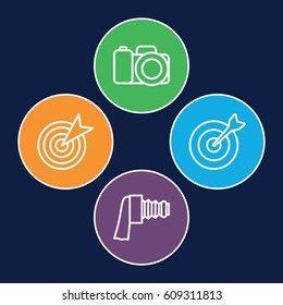 Objective icons set. set of 4 objective outline icons such as camera, camera zoom