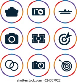 Objective icons set. set of 9 objective filled icons such as target, camera, camera lense