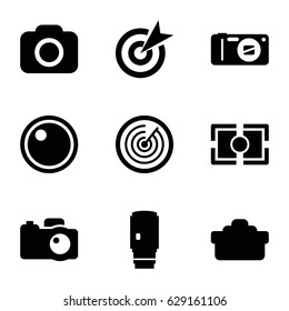 Objective icons set. set of 9 objective filled icons such as camera, camera lense, camera focus
