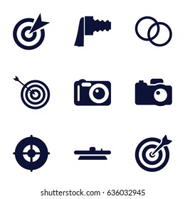 Objective icons set. set of 9 objective filled icons such as target, camera, camera zoom