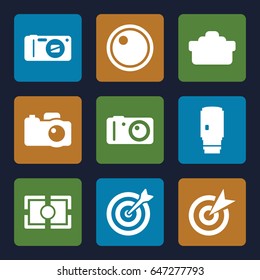 Objective icons set. set of 9 objective filled icons such as camera, camera lense, camera focus