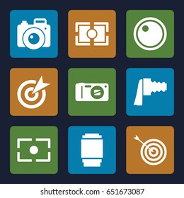 Objective icons set. set of 9 objective filled icons such as target, camera