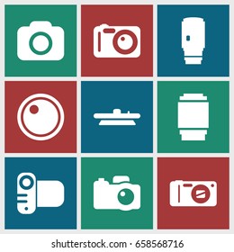 Objective icons set. set of 9 objective filled icons such as camera