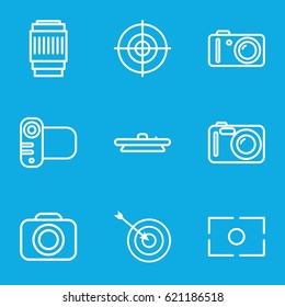 Objective icons set. set of 9 objective outline icons such as target, camera, camera lense