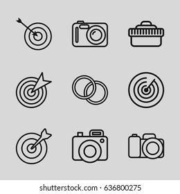 Objective icons set. set of 9 outline icons such as target, camera