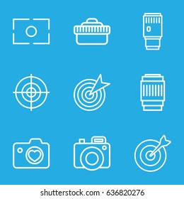 Objective icons set. set of 9 objective outline icons such as heart with camera, camera lense