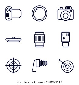 Objective icons set. set of 9 objective outline icons such as target, camera, camera zoom