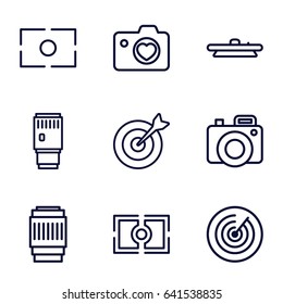 Objective icons set. set of 9 objective outline icons such as heart with camera, camera lense