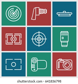 Objective icons set. set of 9 objective outline icons such as camera, camera zoom