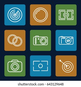 Objective icons set. set of 9 objective outline icons such as target, camera, camera lense