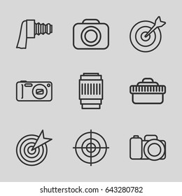 Objective icons set. set of 9 objective outline icons such as camera, camera zoom, camera lense
