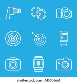 Objective icons set. set of 9 objective outline icons such as target, heart with camera