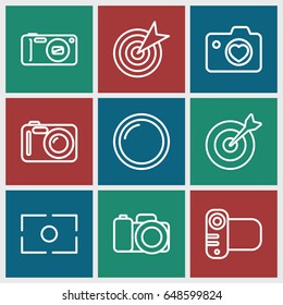 Objective icons set. set of 9 objective outline icons such as heart with camera, camera